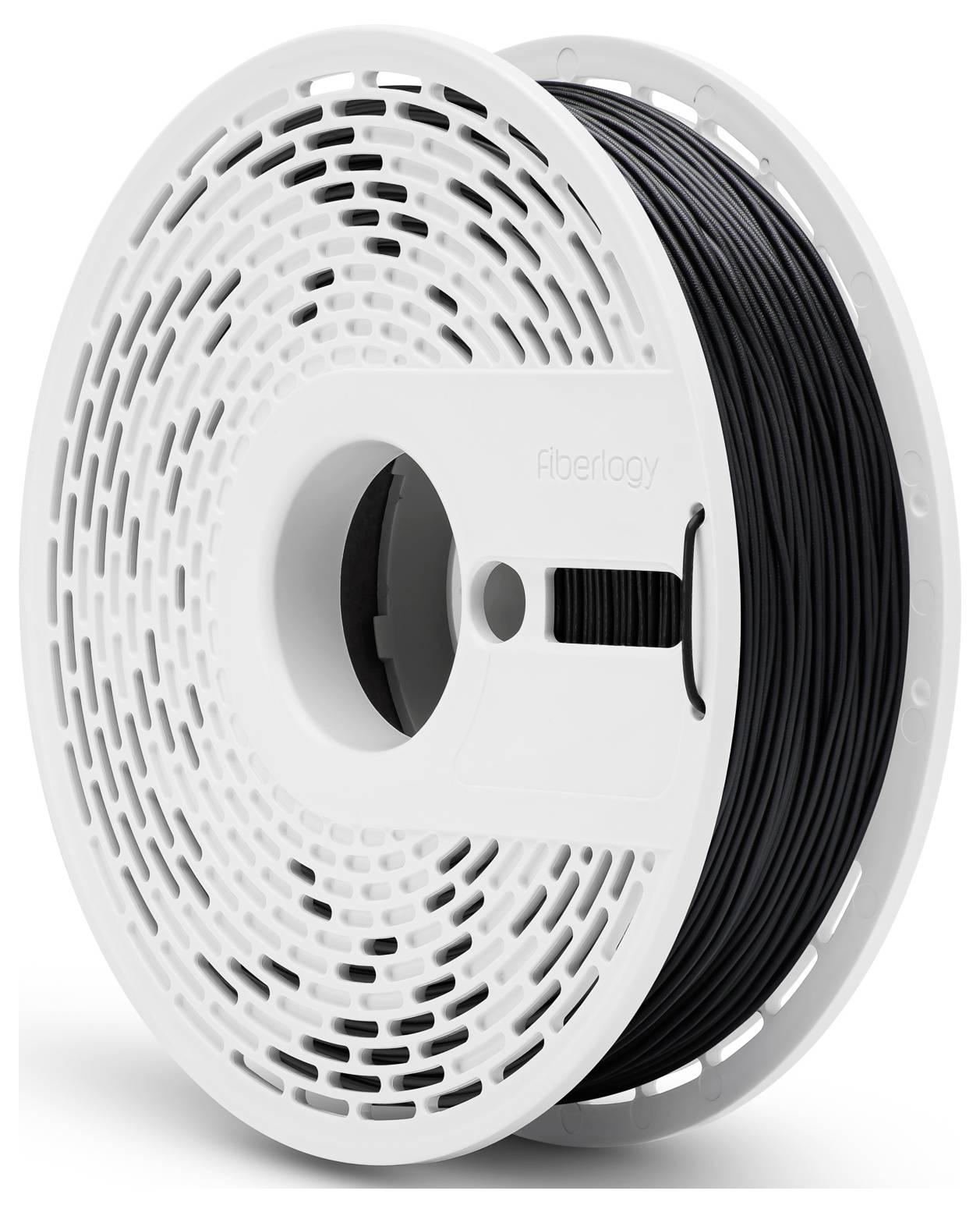 Biała plastikowa szpula z czarnym filamentem do drukarki 3D od Fiberlogy, odpowiednia do użytku w drukarkach 3D.