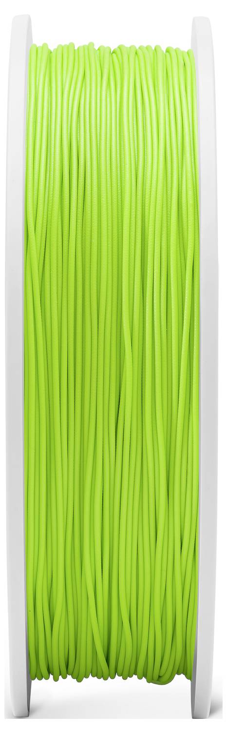 Rolka z jaskrawozielonym filamentem do drukarki 3D, pokazana z boku.