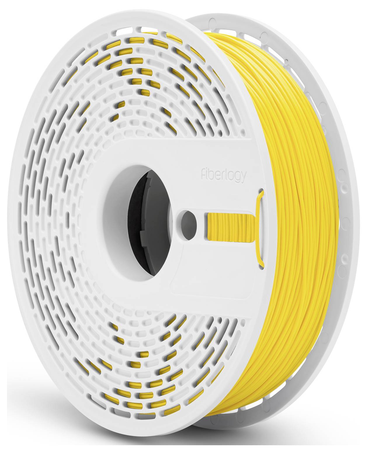 Żółty filament do drukarki 3D na białej szpuli od Fiberlogy, odpowiedni do użytku w różnych drukarkach 3D.