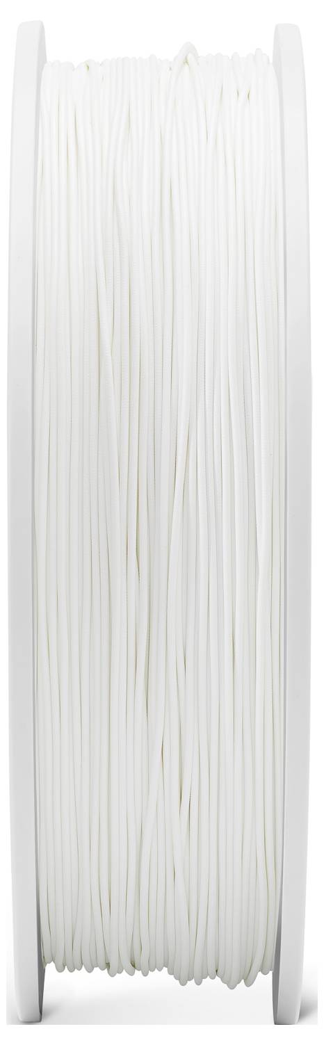 Biała szpula filamentu do drukarki 3D, sfotografowana pionowo.