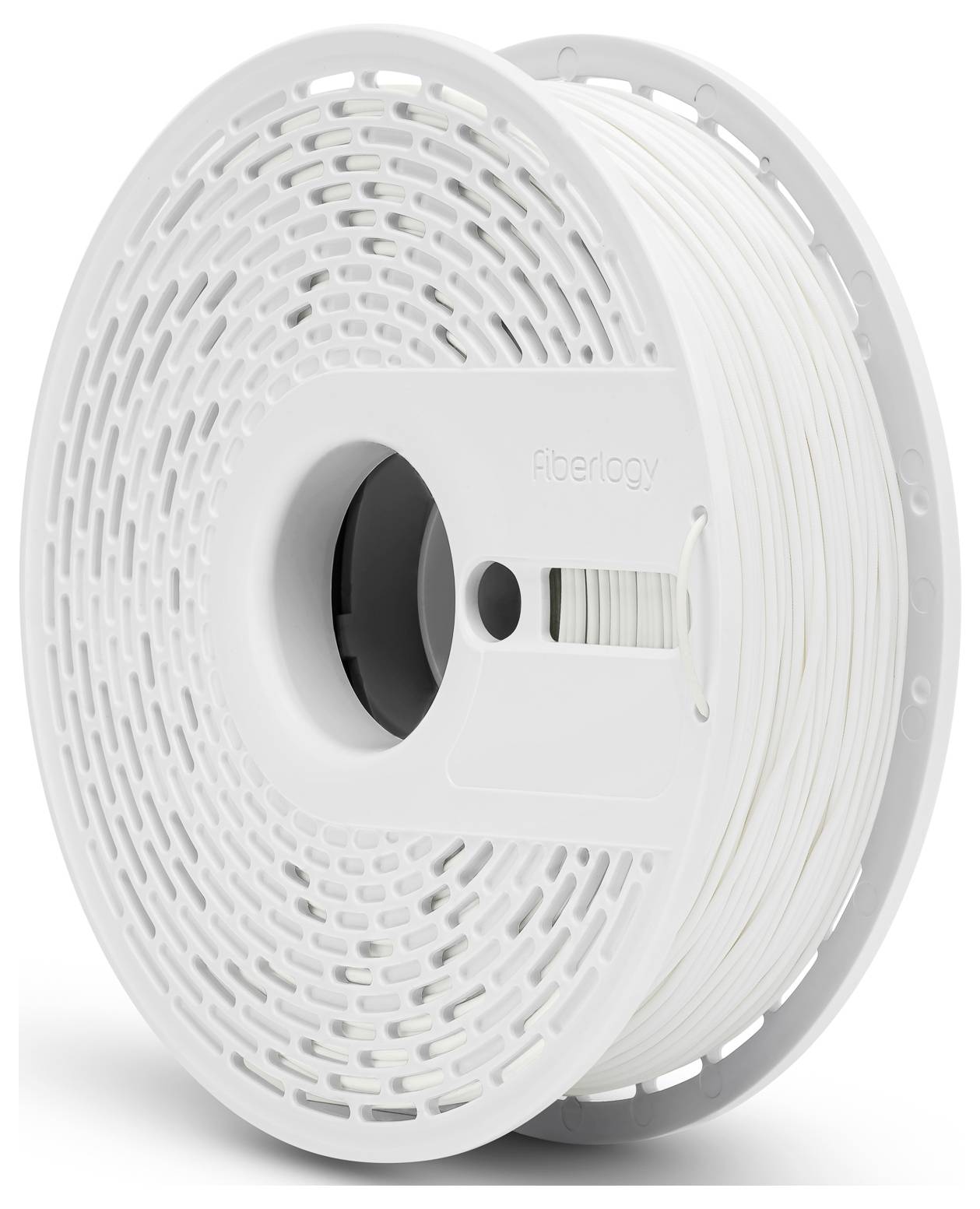 Biała plastikowa szpula filamentu do drukarki 3D, z bocznymi otworami ułatwiającymi rozwijanie. Odpowiednia do różnych drukarek 3D.