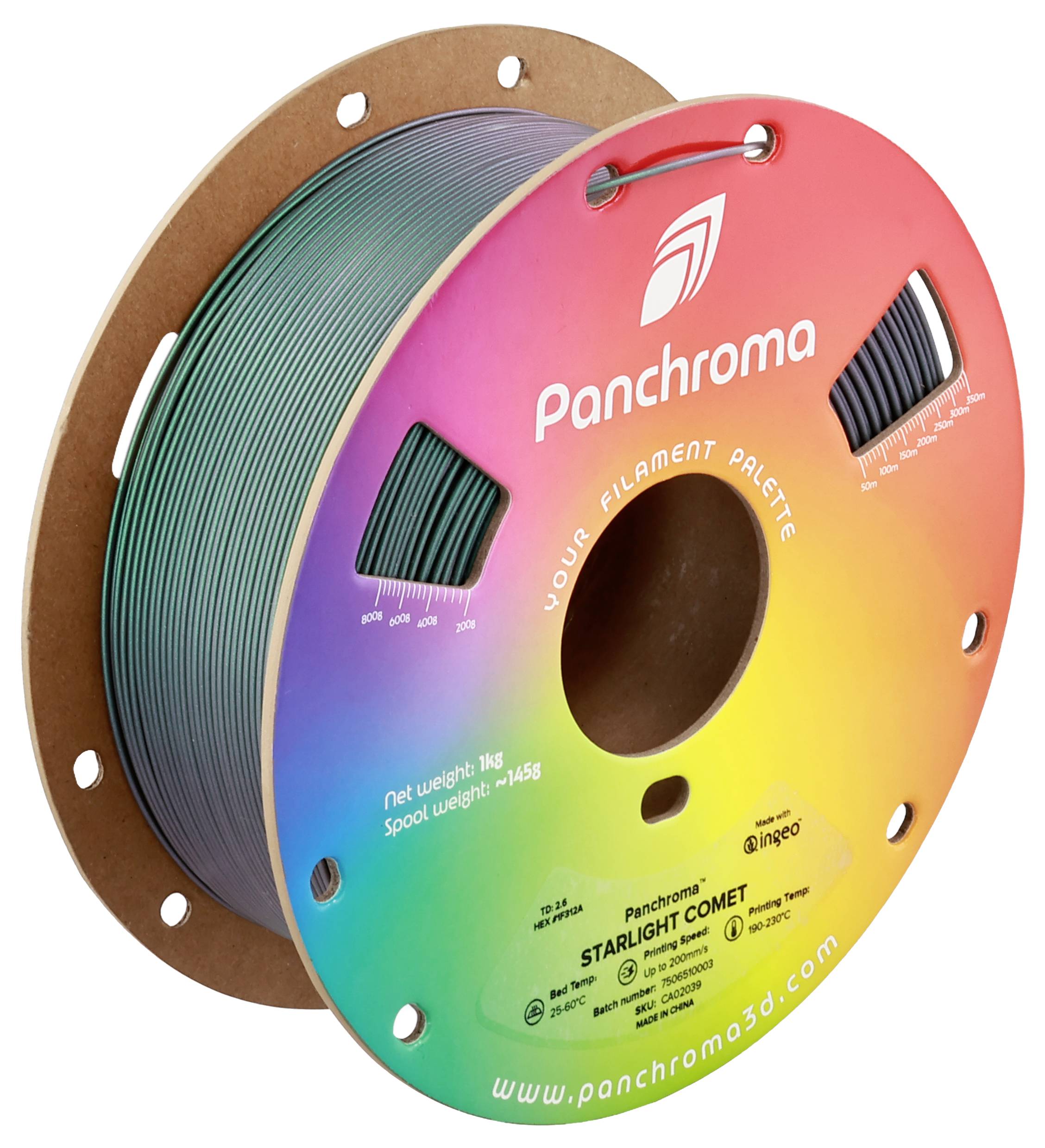 Kolorowa plastikowa szpula od Panchroma, opisana jako 'Your Filament Palette'. Zawiera 1 kg filamentu, model 'Starlight Comet'.