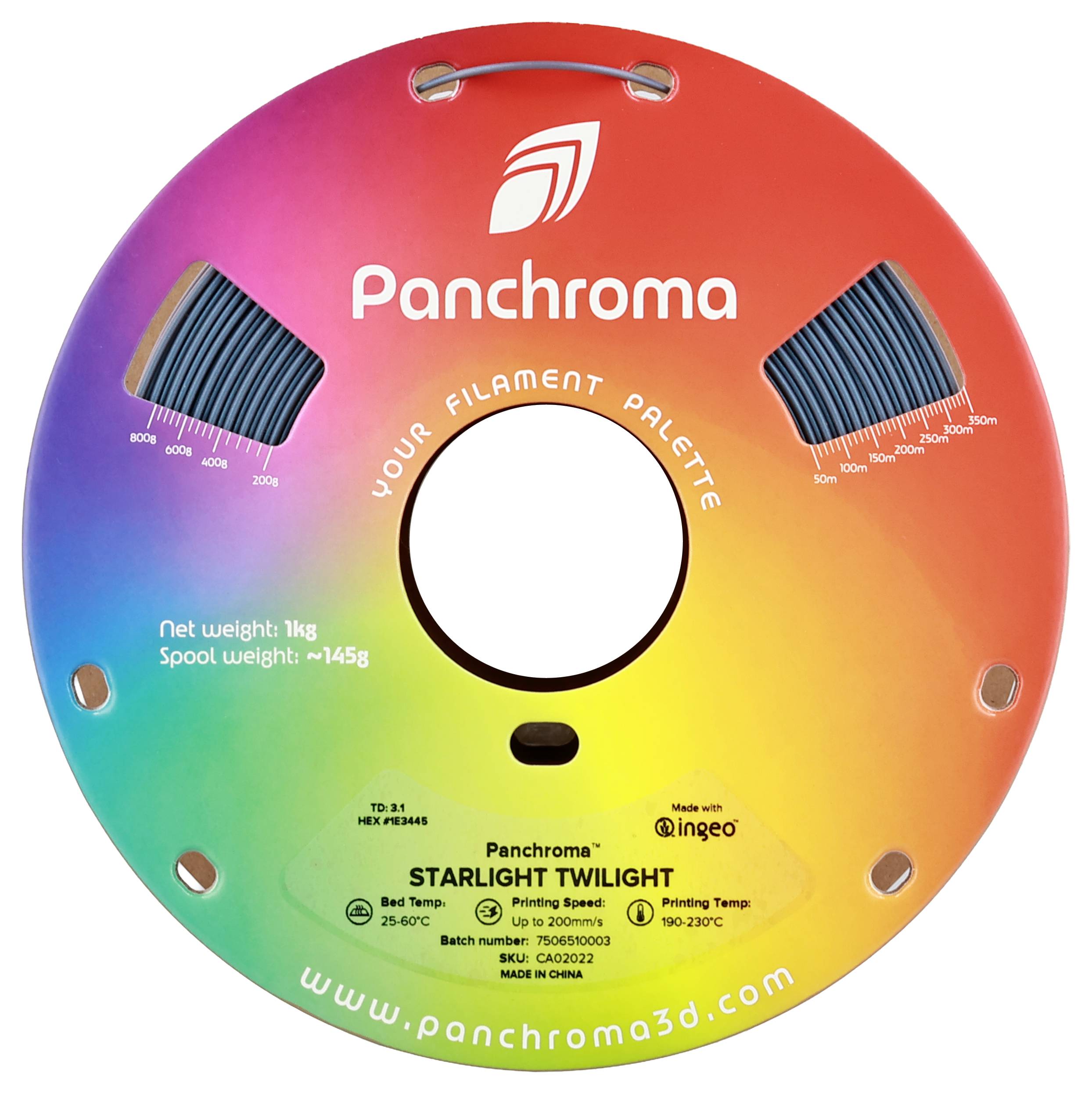 Kolorowa szpula filamentu PanChroma, model 'Starlight Twilight', waga: 1 kg. Opakowanie pokazuje skalę kolorów i zakres temperatur.