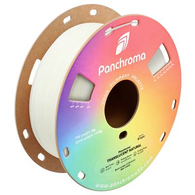 Rolka filamentu do druku 3D 'Panchroma' w przezroczystym kolorze naturalnym, z tęczową etykietą i specyfikacjami technicznymi.