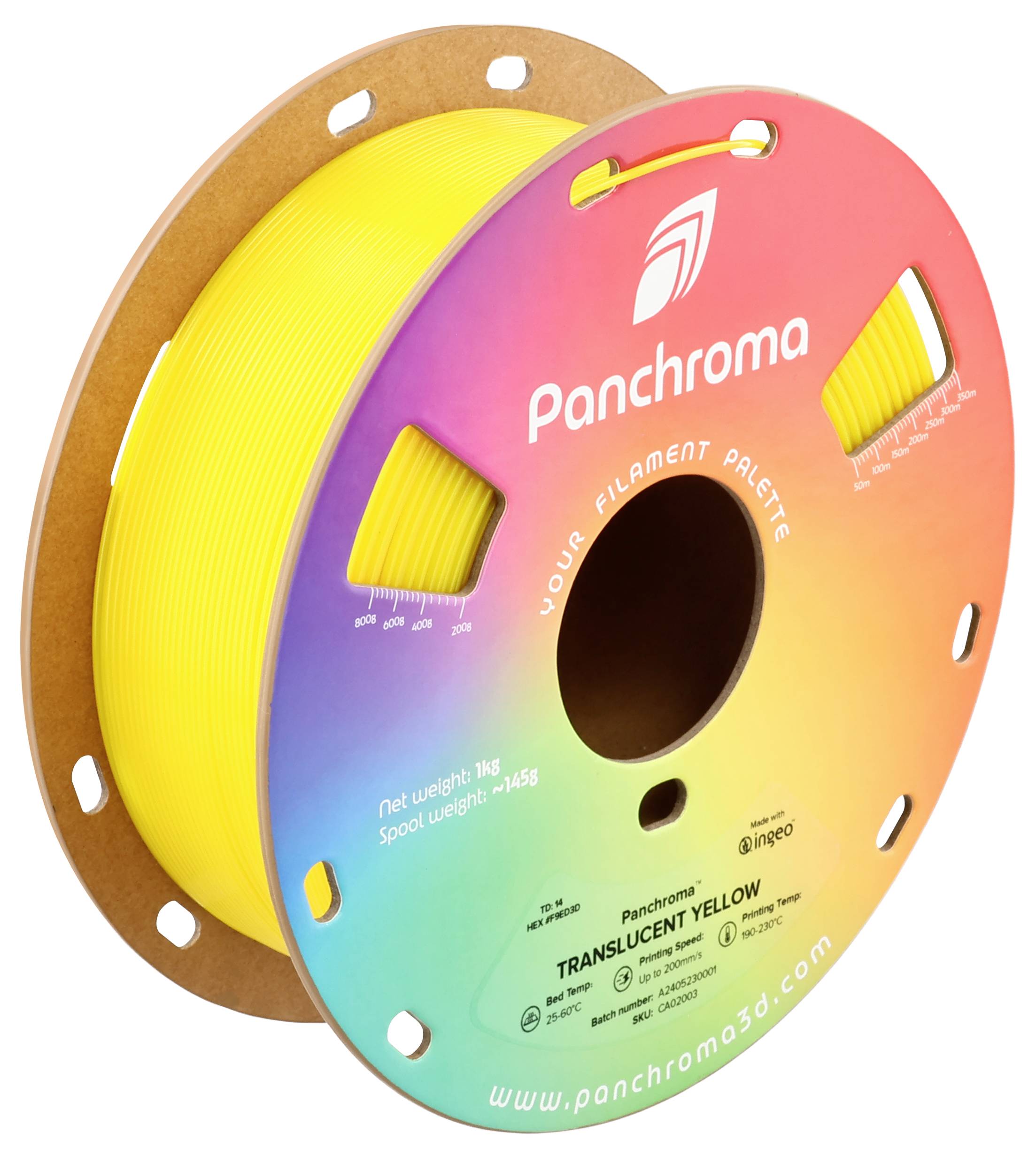Żółta rolka filamentu do drukarki 3D marki Panchroma z tęczową etykietą. Tekst na rolce: 'Translucent Yellow, 1 kg'.