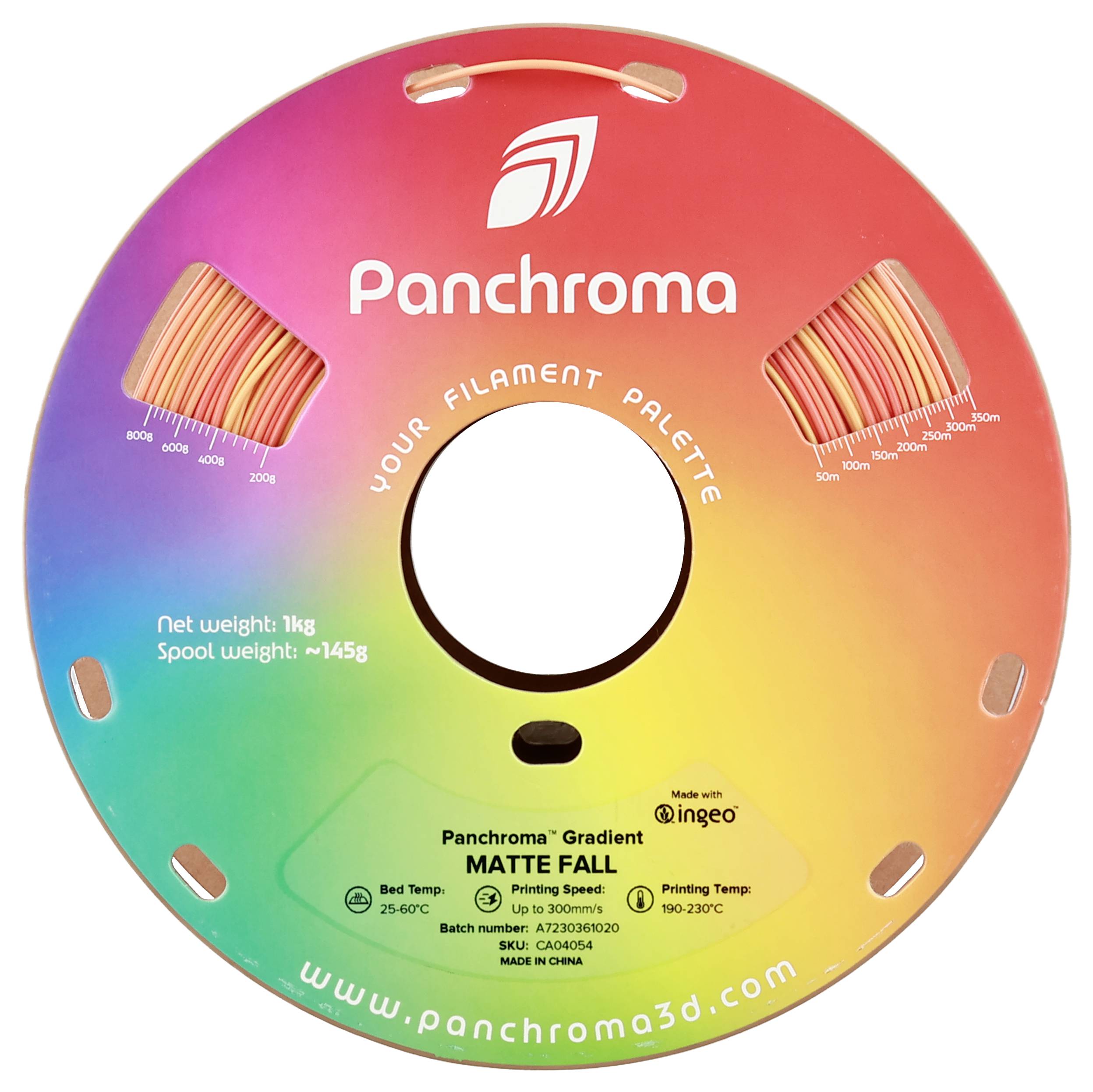 Szpula filamentu 'Panchroma' z gradientem kolorów od czerwonego do zielonego oraz szczegóły produktu. Waga 1 kg, temperatura drukowania 190-230°C.