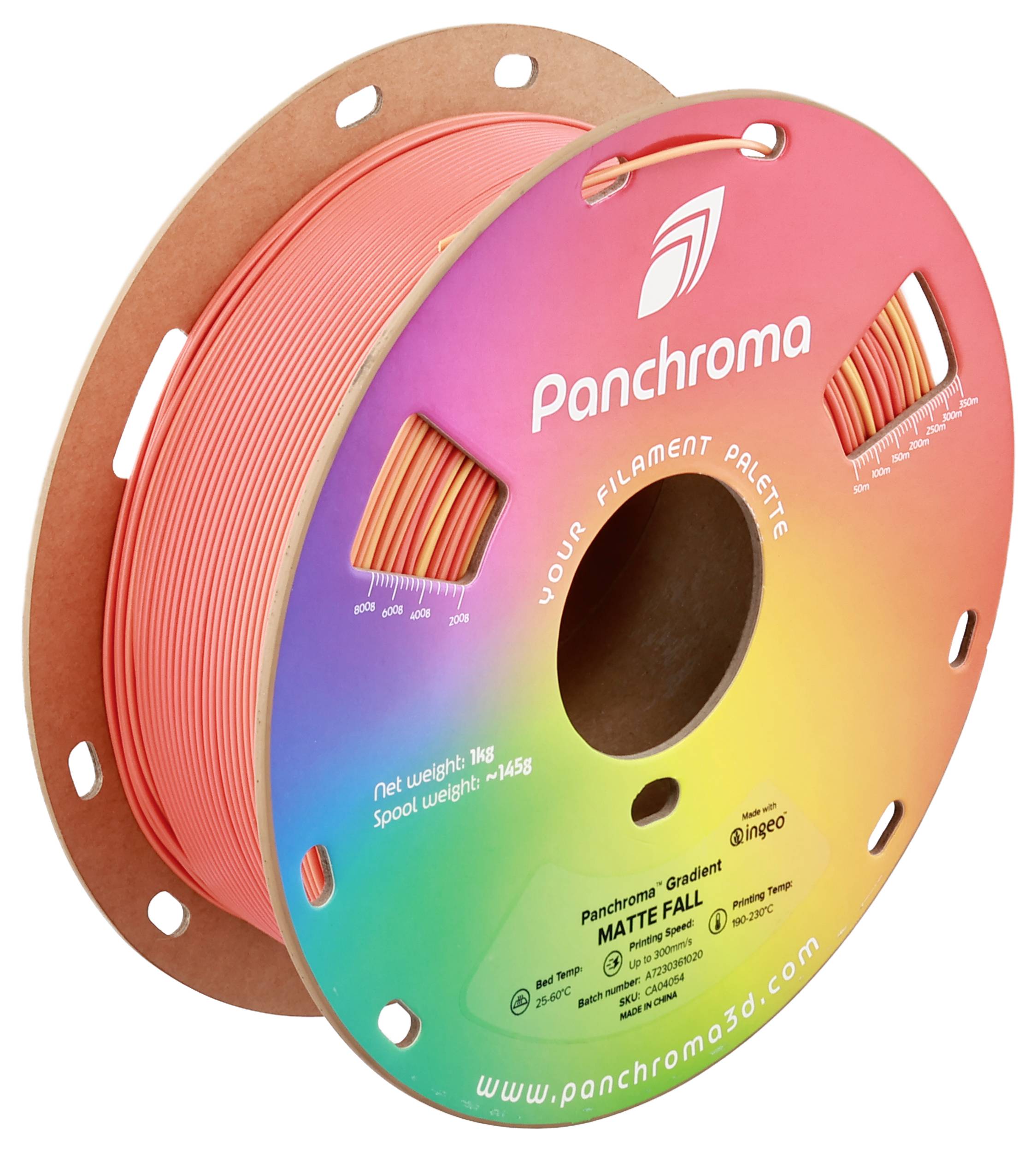 Kolorowa szpula filamentu do druku 3D marki Panchroma. Waga: 1 kg. Nazwa: Matte Fall. Model P4. Strona internetowa: www.panchroma3d.com.