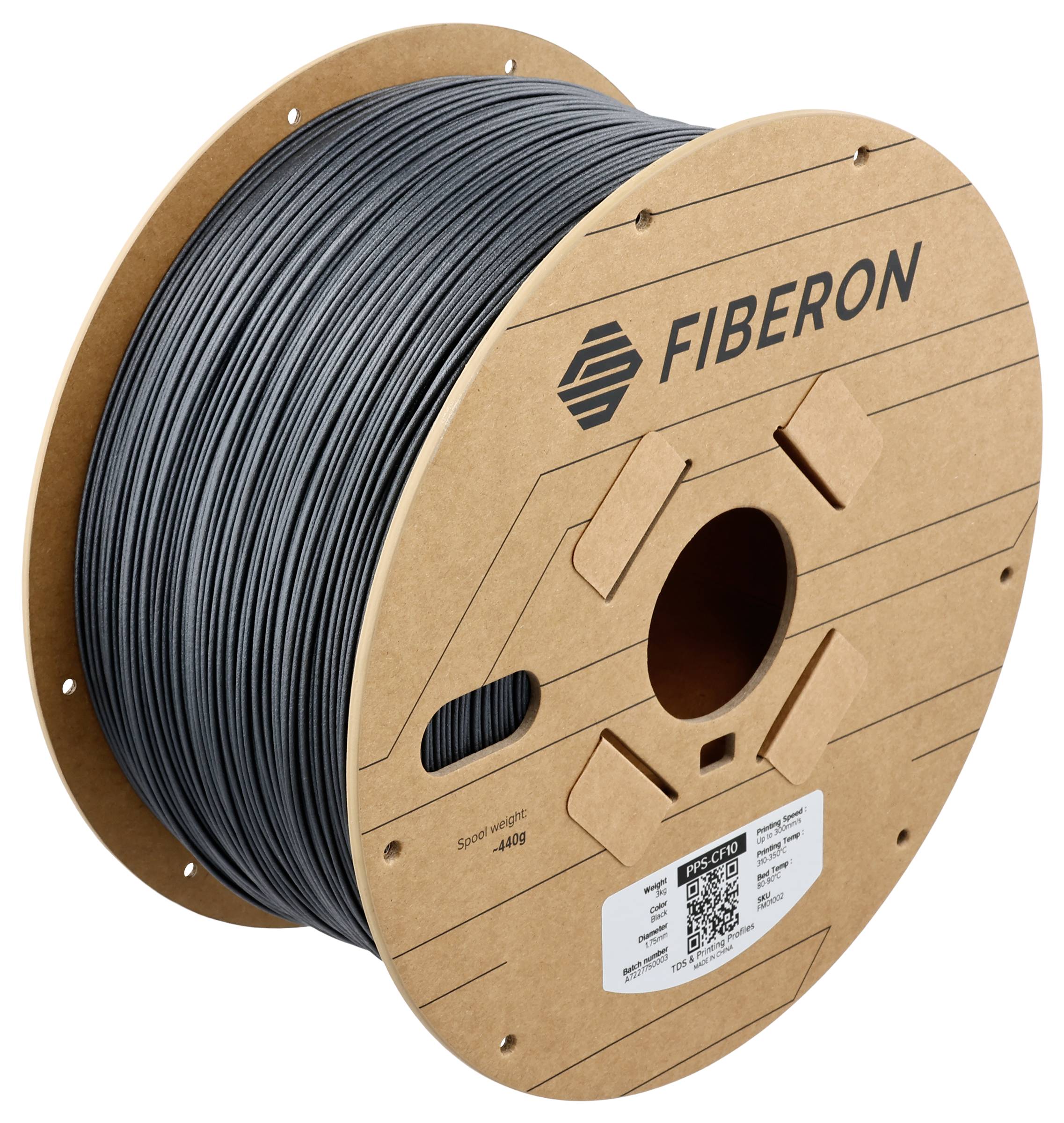 Szpula z szarym drutem z tworzywa sztucznego firmy 'Fiberon', odpowiednia do drukarek 3D lub podobnych zastosowań. Kod QR widoczny na szpuli.