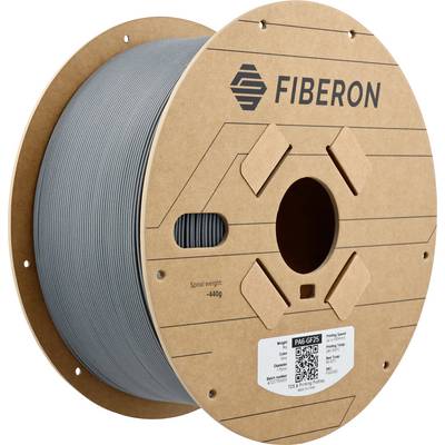 Rolka szarego filamentu do drukarki 3D marki Fiberon. Szpula pokazuje logo marki oraz informacje o wadze: 400g.