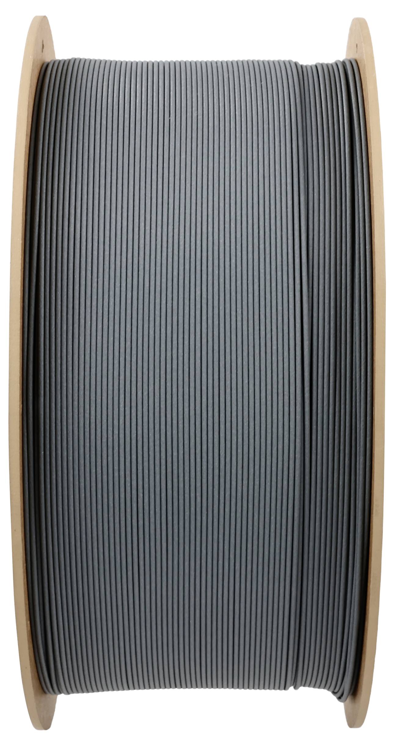 Szpula z ciemnoszarym filamentem z tworzywa sztucznego do drukarki 3D.