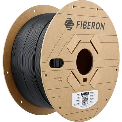 Szpula z czarnym filamentem marki 'FIBERON', pokazuje logo i wagę 440g. Zawiera kod QR i informacje o produkcie na etykiecie.