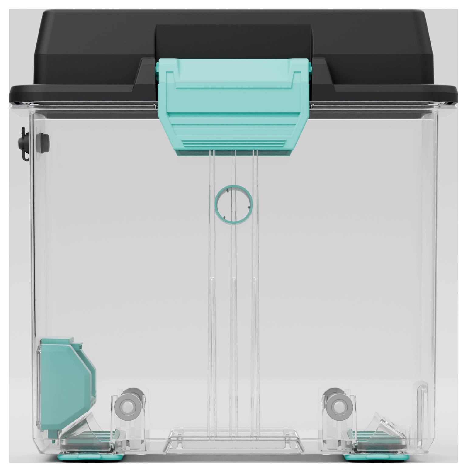 Przezroczyste plastikowe pudełko z turkusową pokrywką i zamknięciami, odpowiednie do przechowywania i transportu małych przedmiotów.