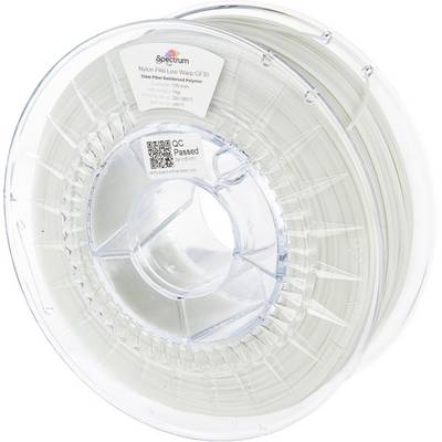 Przezroczysta szpula z filamentem; etykieta pokazuje 'Nylon PA6 Low Warp CF30', odpowiedni do druku 3D w temperaturze 250-270°C.