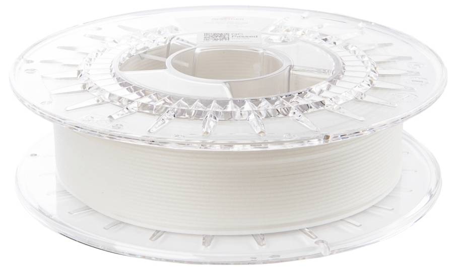 Przezroczysta plastikowa szpula z nawinięty białym filamentem do drukarki 3D, na białym tle.