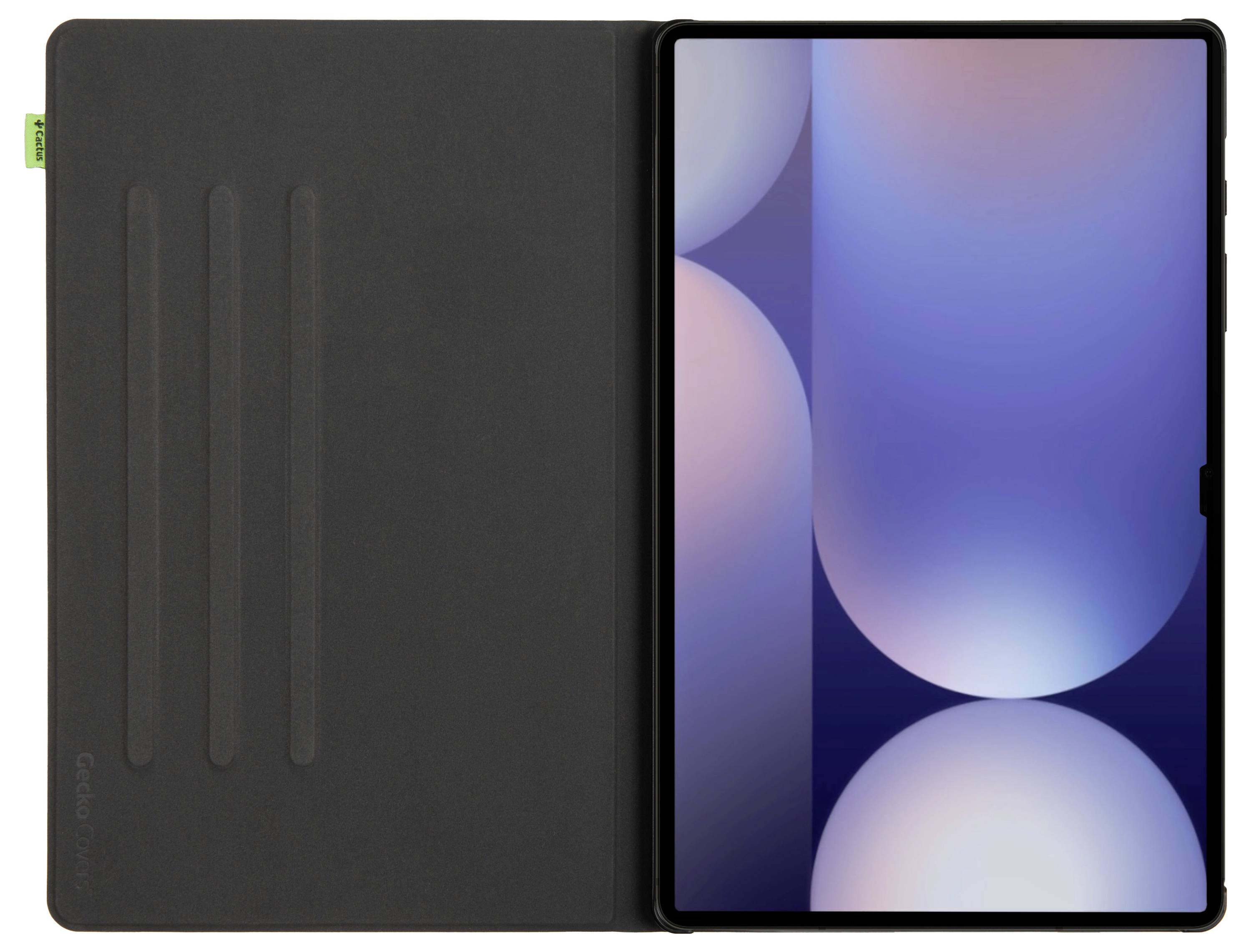 Tablet w otwartej obudowie, wyświetlacz pokazuje abstrakcyjny wzór ze świetlistymi i ciemnymi kołami na niebieskim tle.