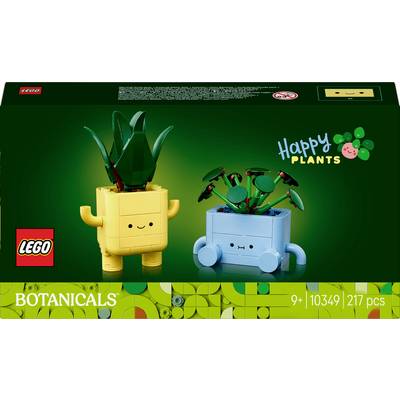 Opakowanie LEGO przedstawia dwie możliwe do zbudowania doniczki z uśmiechniętymi twarzami. Jedna jest żółta i stoi pionowo, druga niebieska i leży.