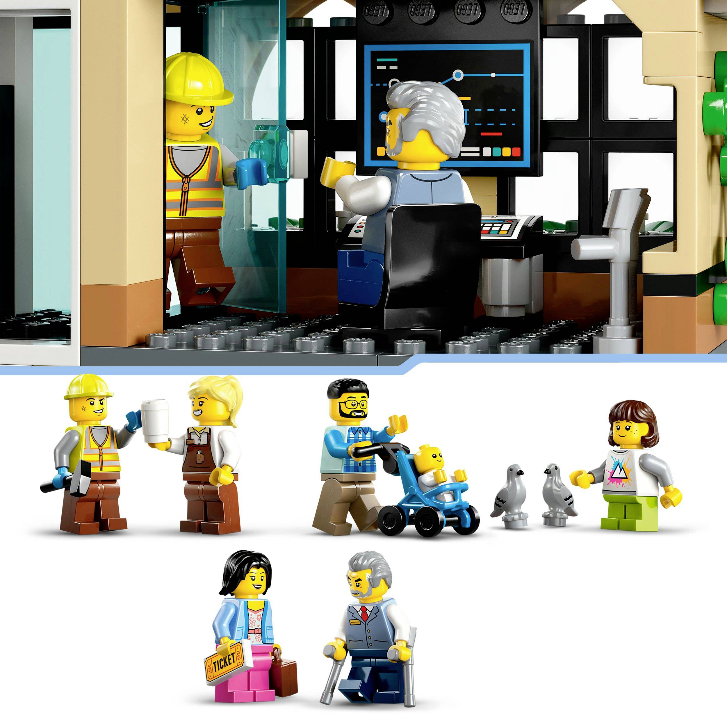 Sceny miejskie LEGO z figurkami w biurze, na budowie i w mieście. Ludzie w kaskach ochronnych, z wózkami dziecięcymi i biletami w ręku.