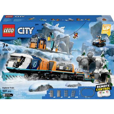 Zestaw LEGO City 'Pociąg Odkrywcy' z 1517 elementami. Zawiera pociąg w śniegu, dwie minifigurki, most wiszący i akcesoria sterowane zdalnie. Od 7 lat.