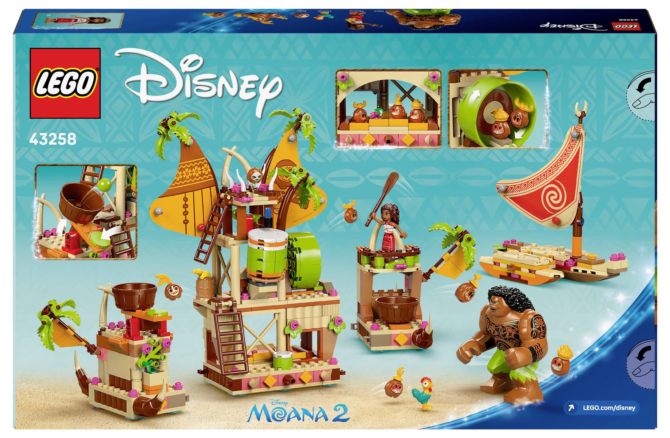 Zestaw LEGO Disney z kolorową tematyką plażową. Zawiera figurki, łódkę, dom-bęben i palmę. Z filmu 'Vaiana 2'. Numer zestawu 43258.