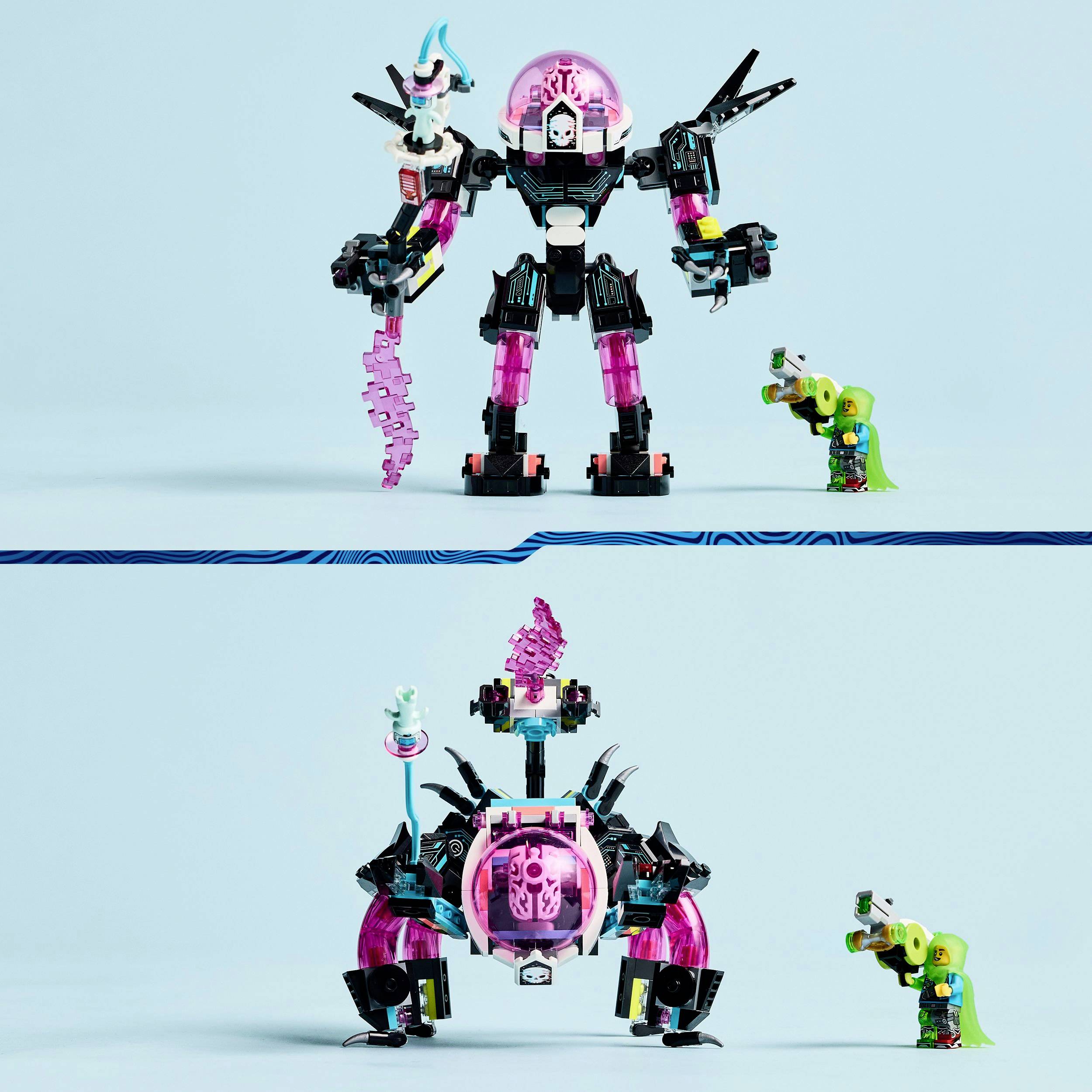 Dwa roboty-zabawki w żywych kolorach na niebieskim tle; jeden jest większy i bardziej złożony, drugi mniejszy i bardziej zielony.