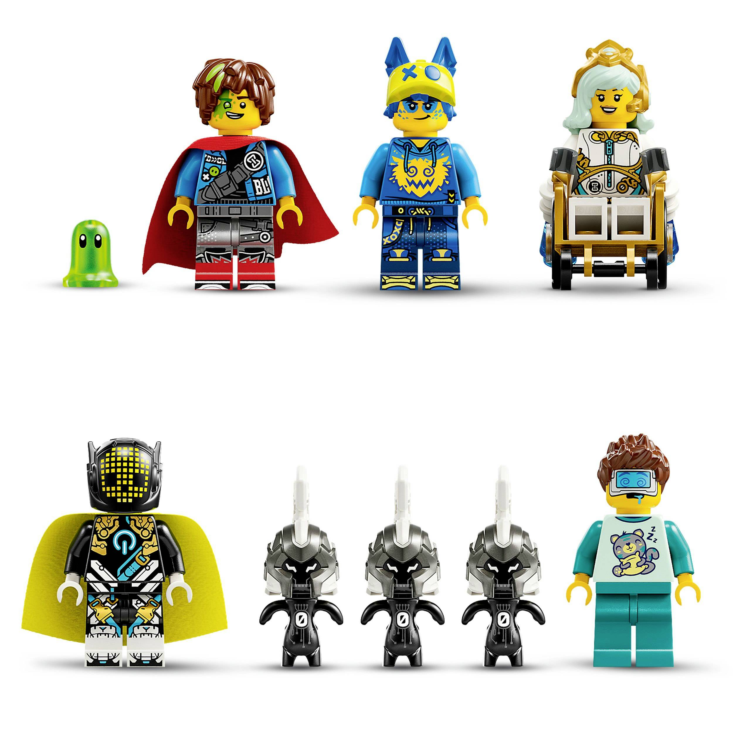 Sześć figurek Lego z różnymi kostiumami i akcesoriami, w tym hełmami i pelerynami, oraz jedna mała zielona figurka.