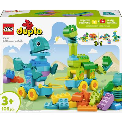 Zestaw zabawek z kolorowymi dinozaurami na kółkach z serii LEGO Duplo. Zawiera kreatywne opcje budowania dla dzieci od 3 lat.