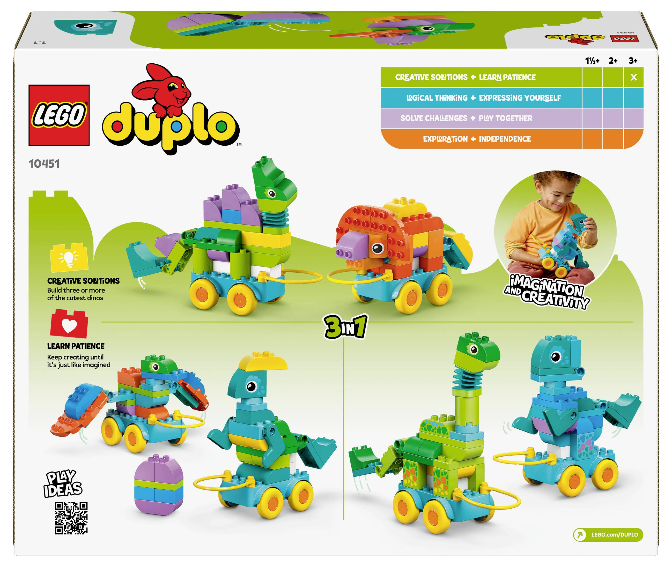 Opakowanie zestawu LEGO DUPLO 10451. Zawiera kolorowe klocki do budowy trzech różnych zwierząt: dinozaura, węża i lwa.