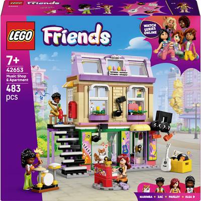 Zestaw LEGO 'Friends' Sklep muzyczny z 483 elementami. Od 7 lat. Zawiera figurki, instrumenty i rekomendację serialu online.