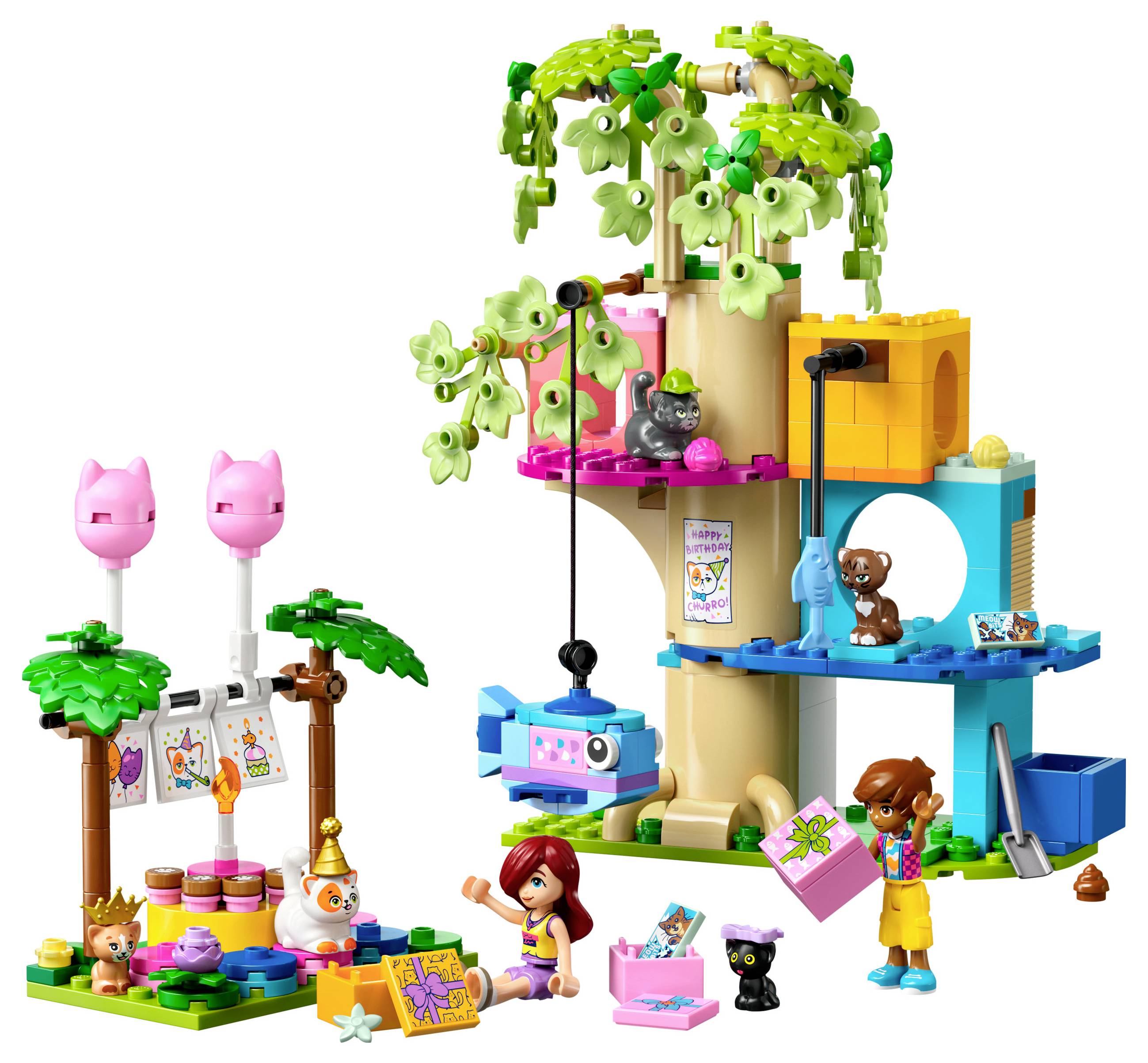 Zestaw klocków Lego z domkiem na drzewie, lalkami i zwierzętami, w tym hamak, zjeżdżalnia, miejsce na piknik i akcesoria do zabawy.