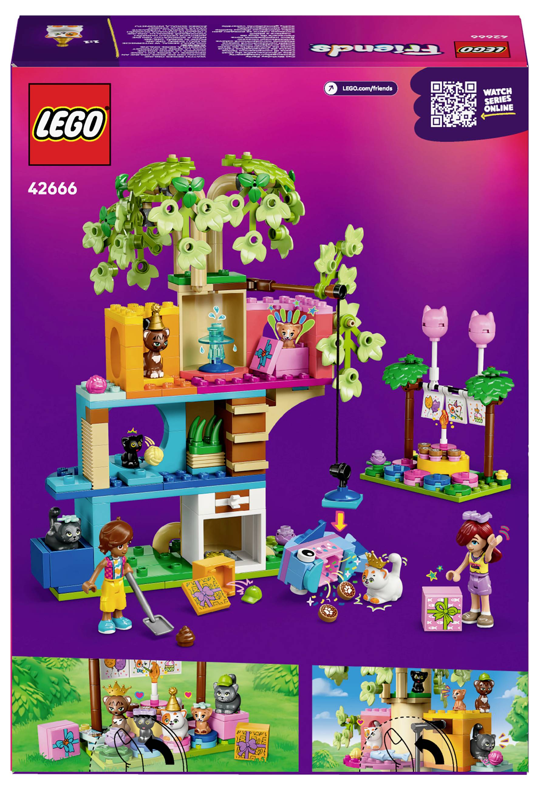 Zestaw klocków LEGO z domkiem na drzewie i figurkami; zawiera akcesoria takie jak zwierzęta, rośliny i meble; sceny przedstawione na ziemi i w domku na drzewie.