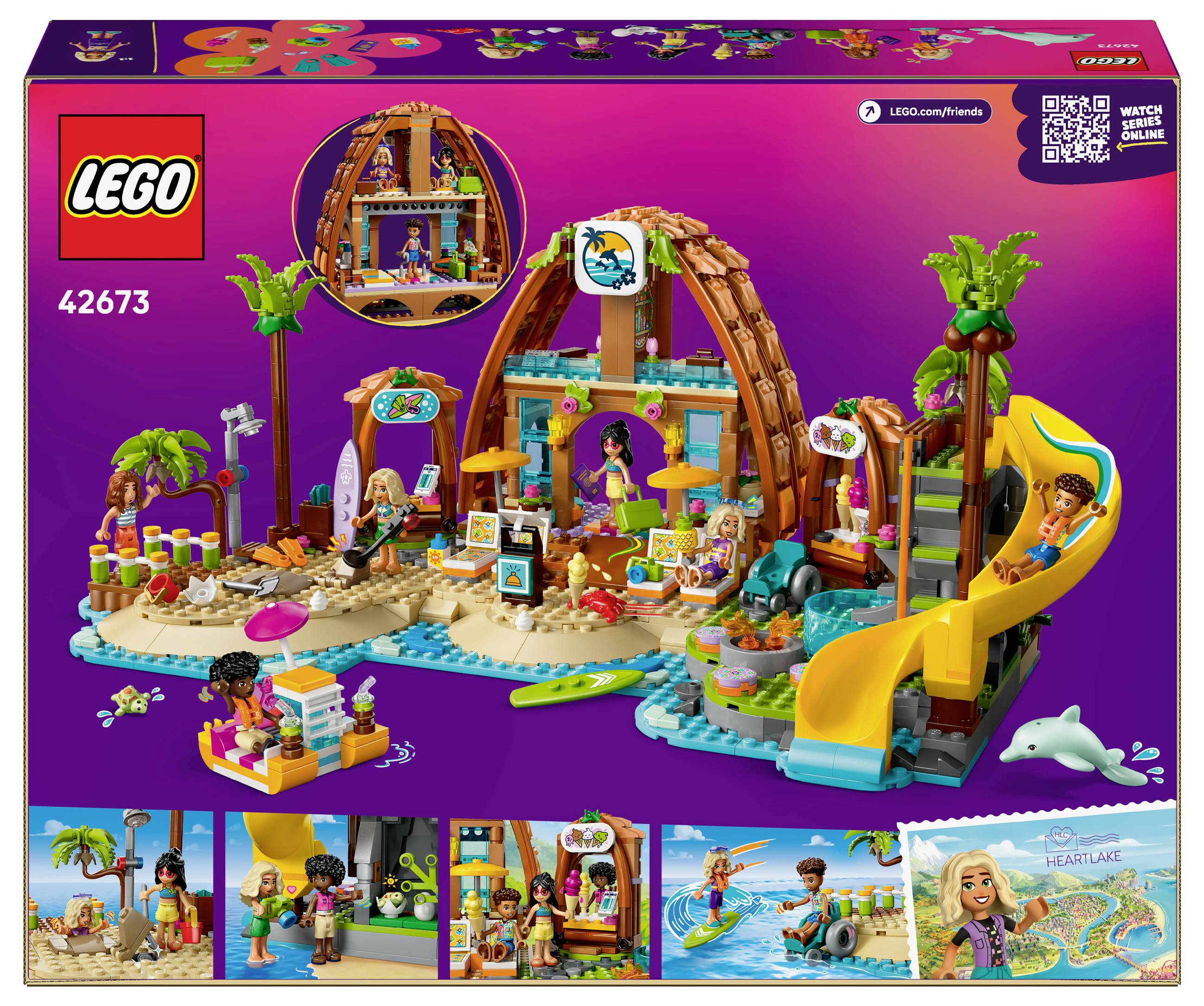Zestaw LEGO 'Friends' z domkiem na plaży, zjeżdżalnią, palmami i figurkami. Zawiera sceny z aktywnościami plażowymi. Numer zestawu: 42673.