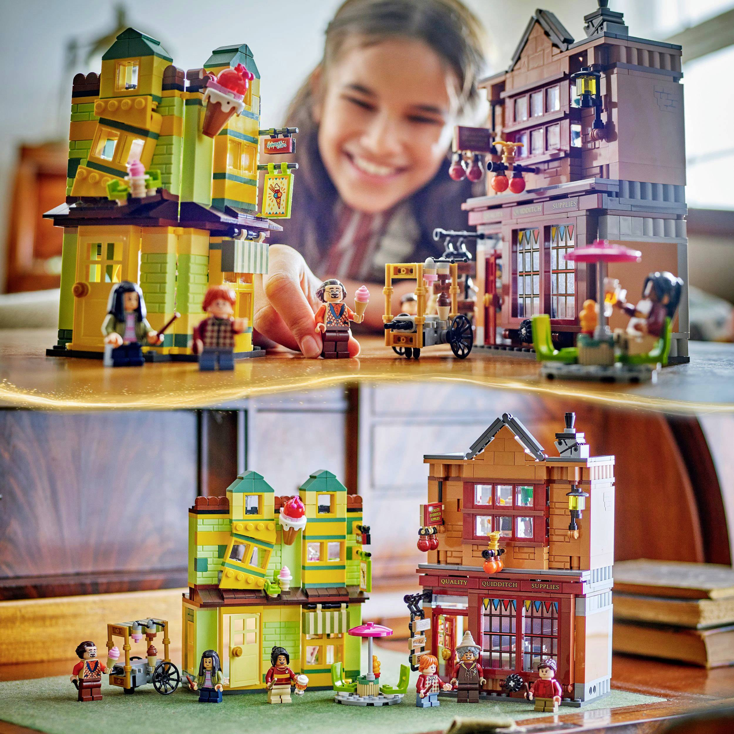 Dziecko radośnie bawi się szczegółowym zestawem Lego, który przedstawia kolorowe budynki i figurki.