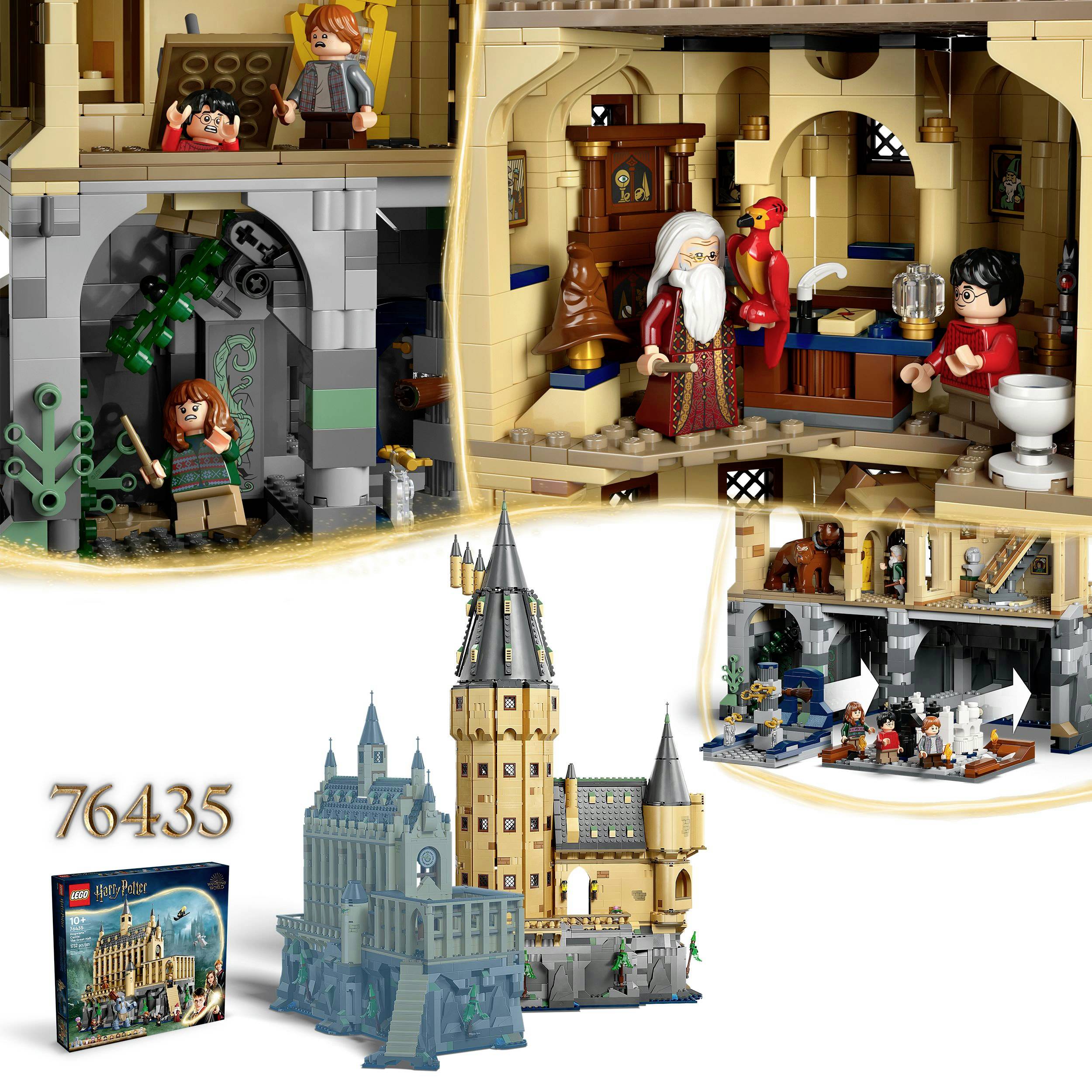 Zestaw Lego Hogwart z figurkami z 'Harry'ego Pottera', w tym zielony bazyliszek. Przedstawiony zamek i sceny z różnych pomieszczeń. Numer modelu 76345.
