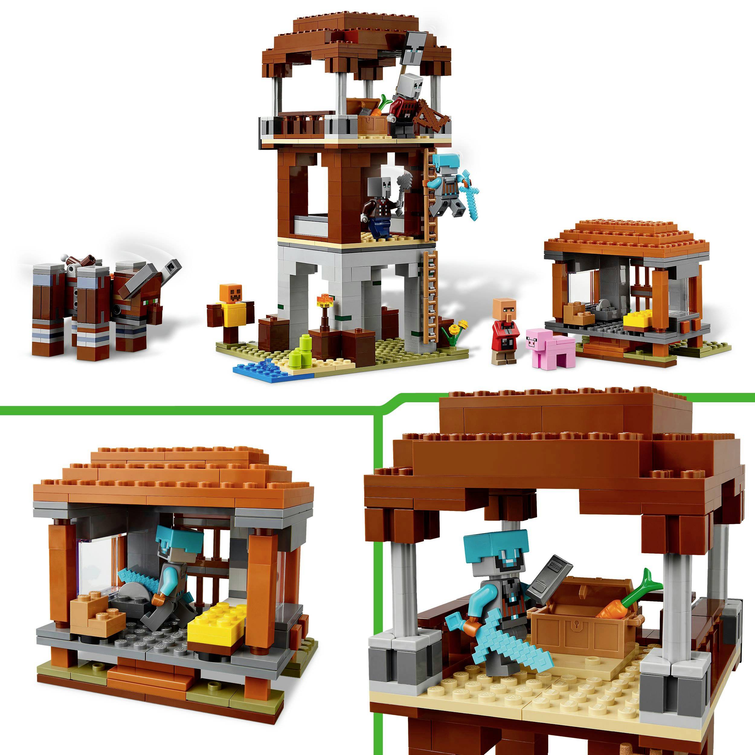 Zestaw Lego Minecraft z figurkami, drewnianym domem, zwierzętami i detalami takimi jak łóżka i narzędzia, które przedstawiają scenę z Minecraft.