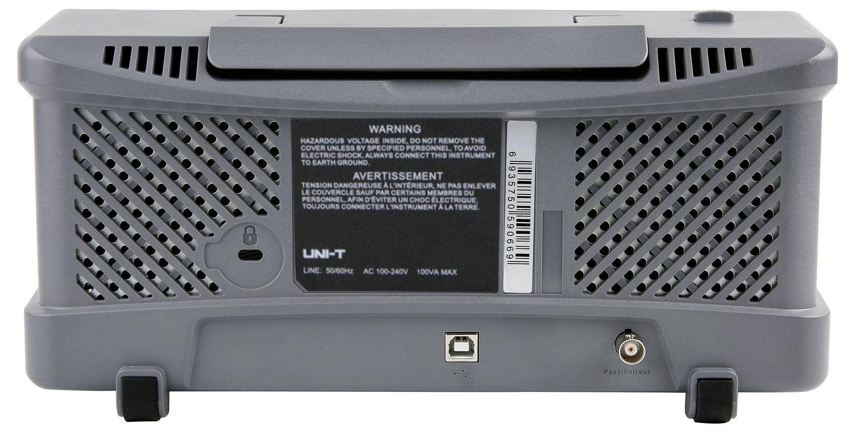 Tylna strona szarego urządzenia elektronicznego z kratkami wentylacyjnymi, portem USB i złączem, z ostrzeżeniami umieszczonymi u góry.