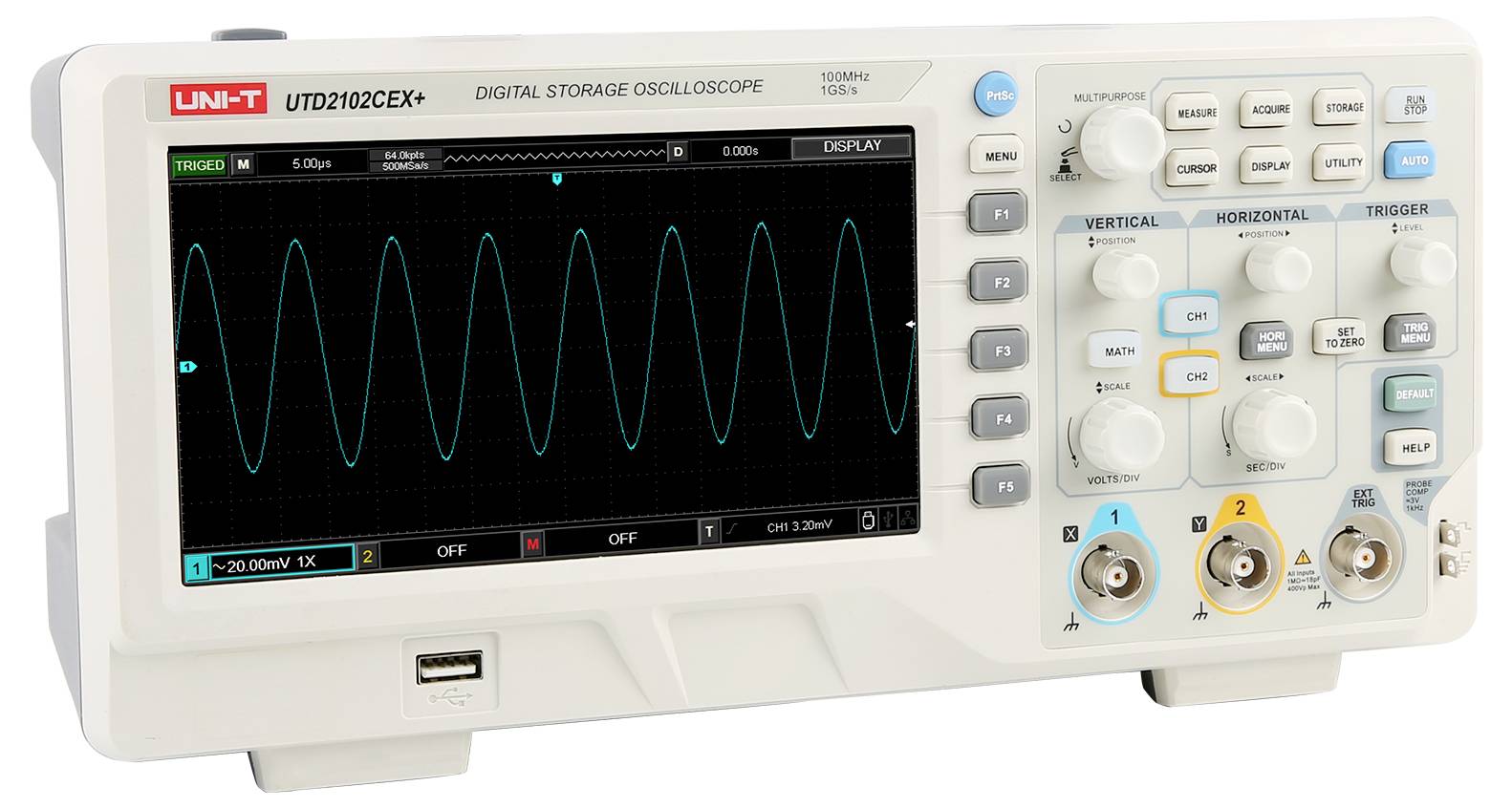 Cyfrowy oscyloskop pamięciowy wyświetla sinusoidę na ekranie. Elementy sterujące znajdują się po prawej stronie do regulacji wyświetlania.