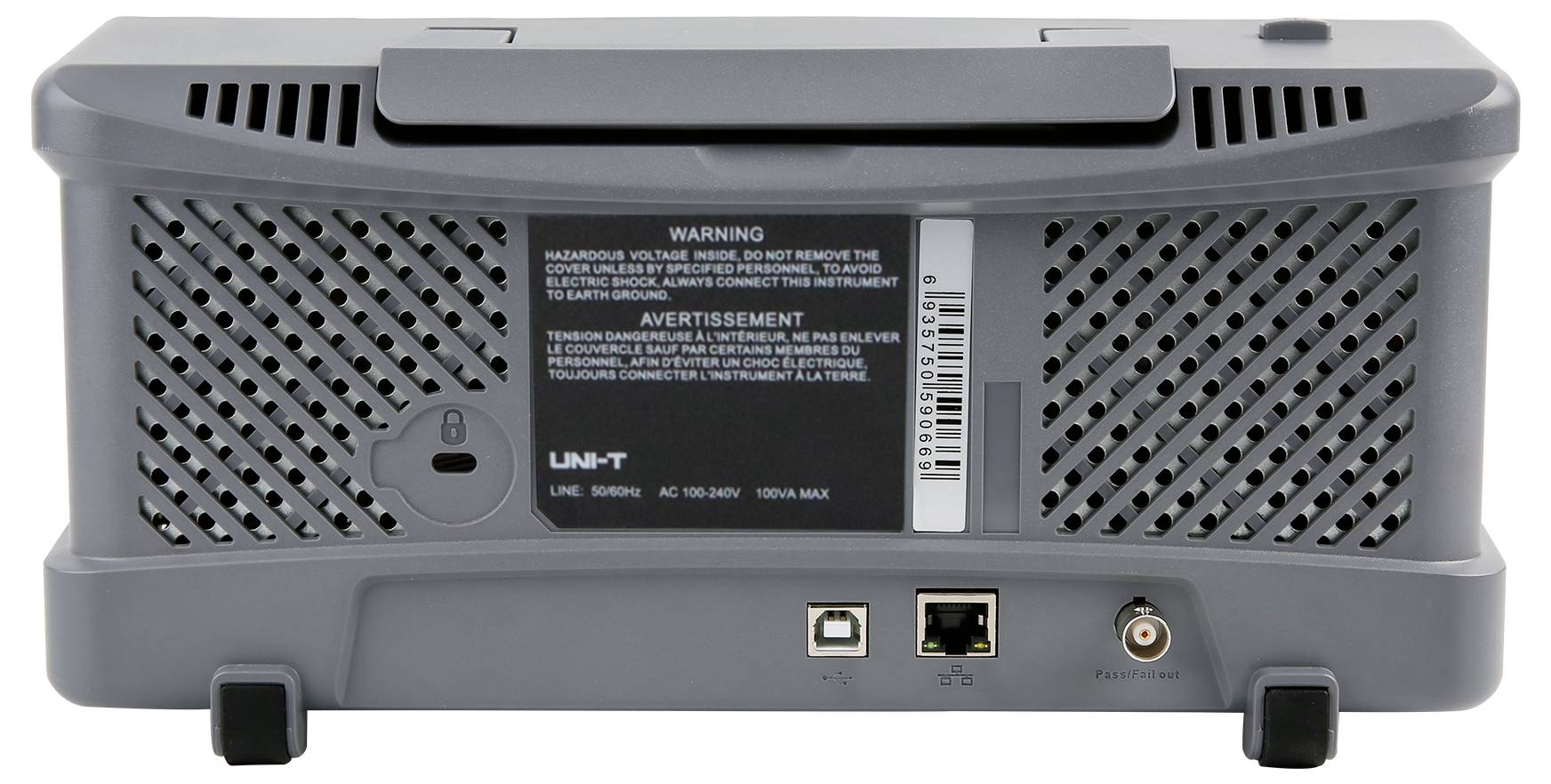 Tylna strona urządzenia elektrycznego z otworami wentylacyjnymi, gniazdem LAN, złączem współosiowym oraz tekstem ostrzeżeń bezpieczeństwa.