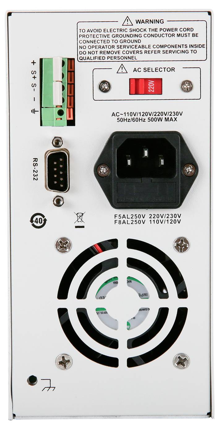 'Tylna strona zasilacza z wentylatorem, złączem zasilania, bezpiecznikami i złączem RS-232. Ostrzeżenia dotyczące uziemienia i napięcia elektrycznego.'