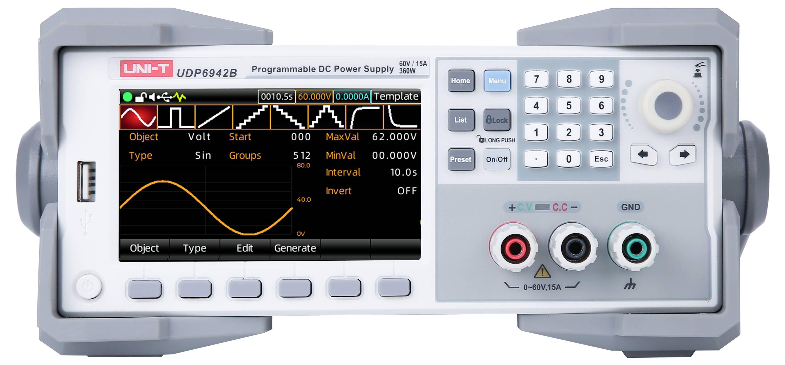 Programowalne zasilanie DC wyświetla graficzną falę oraz parametry takie jak napięcie i natężenie prądu na wyświetlaczu.