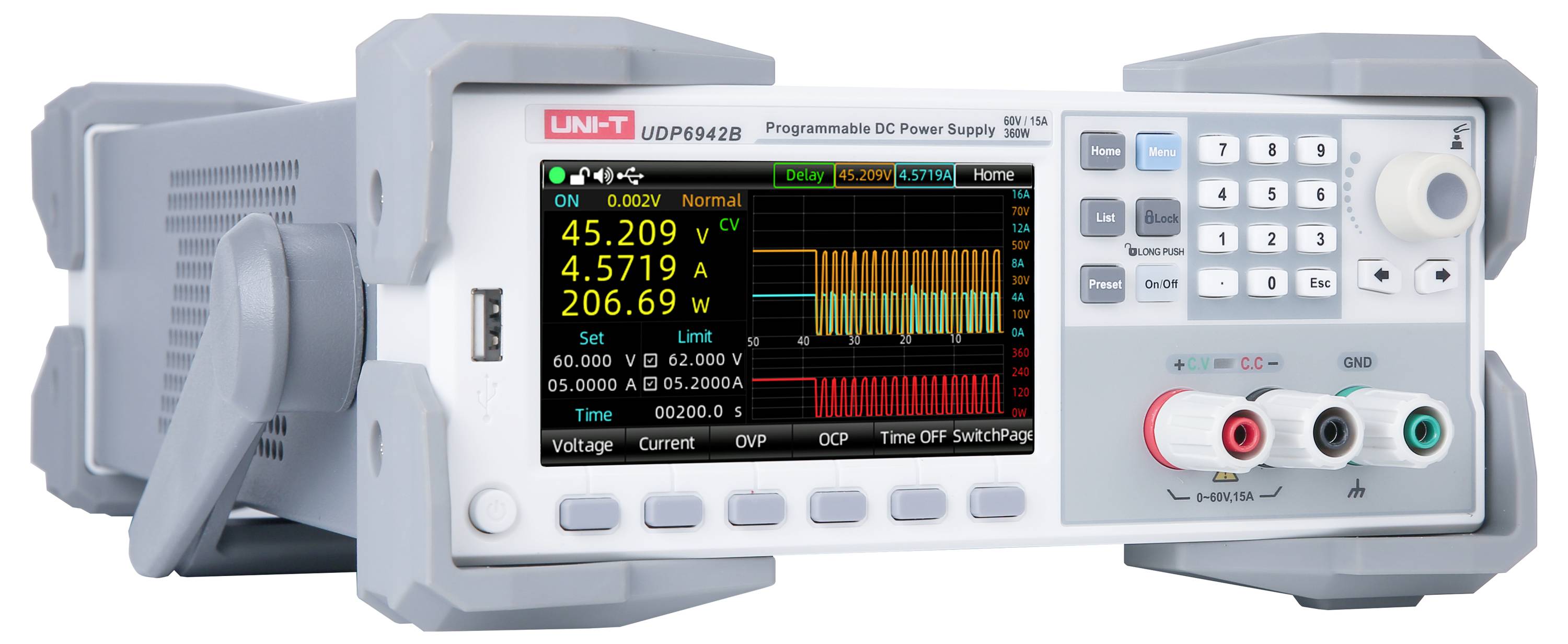 Programowalne zasilanie DC z wyświetlaczem, które na bieżąco prezentuje napięcie, natężenie prądu i moc, otoczone przyciskami sterującymi.