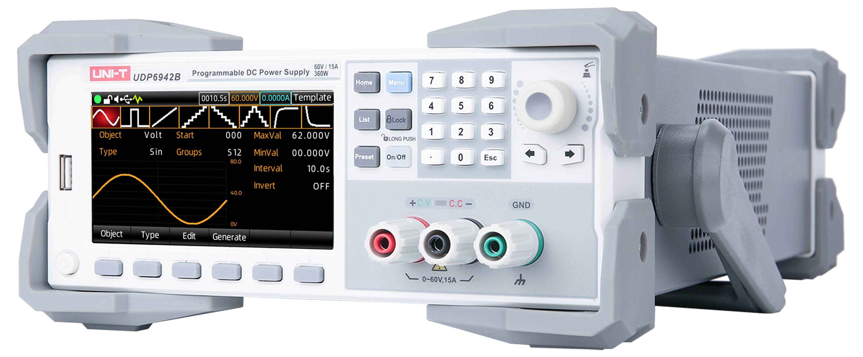 Programowalne zasilanie DC z wyświetlaczem prezentuje przebieg fali. Posiada przyciski oraz złącza do pomiarów elektrycznych.
