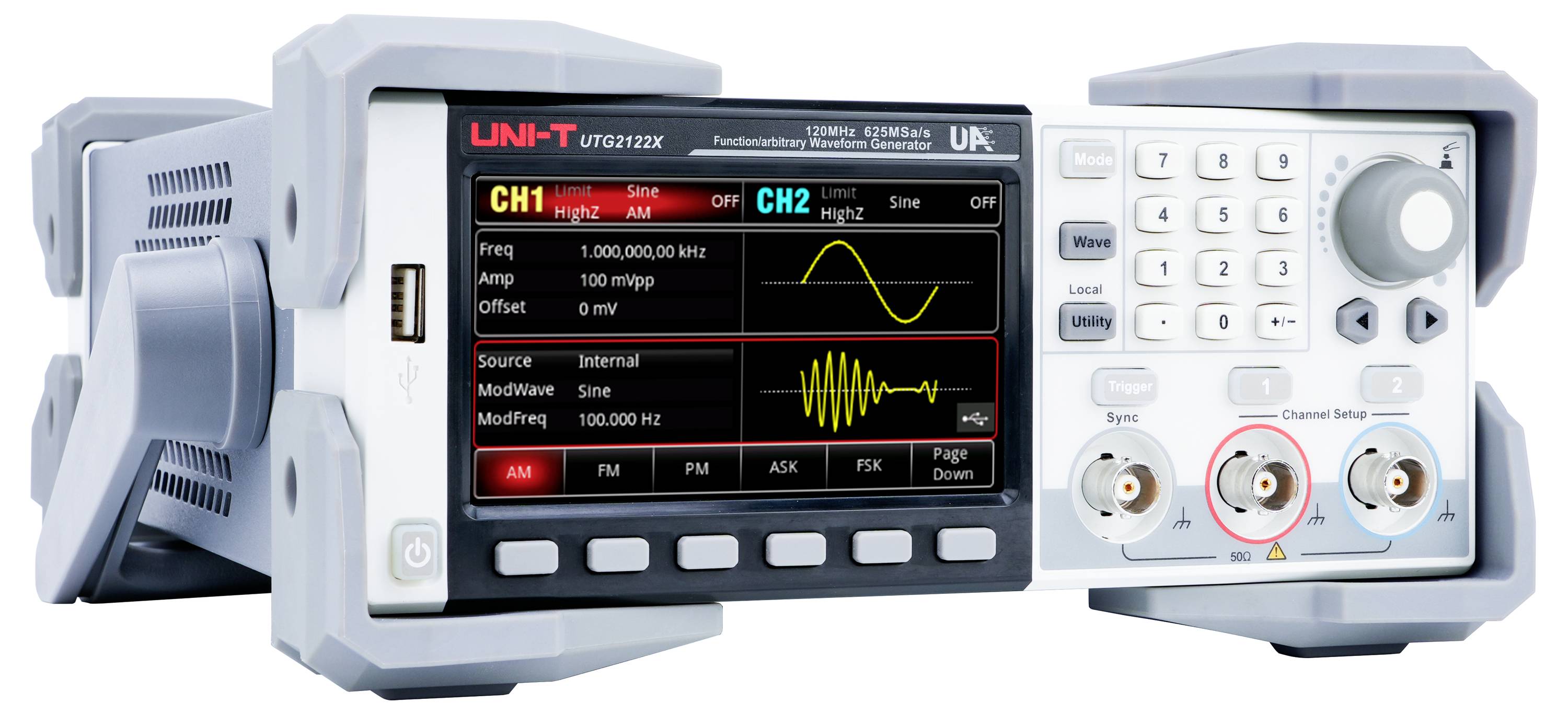Cyfrowy oscyloskop z kolorowym wyświetlaczem przedstawia dwie przebiegi w różnych kanałach. Widoczne są elementy sterujące i złącza.