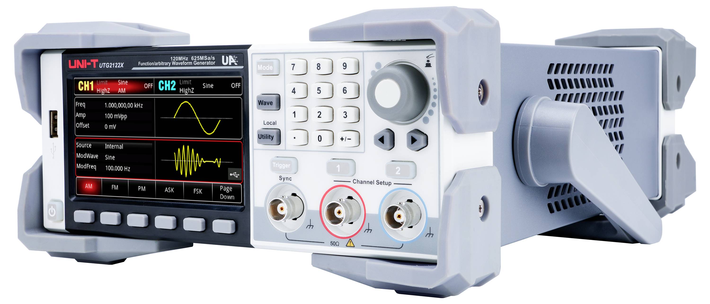 Cyfrowy oscyloskop wyświetla dwie krzywe na kolorowym ekranie. Elementy sterujące i złącza są widoczne po prawej stronie.