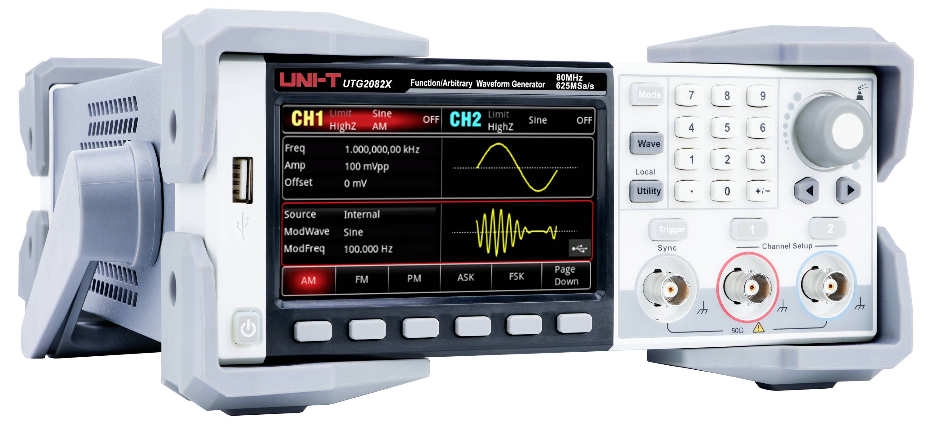 Generator częstotliwości z wyświetlaczem. Pokazuje dwie formy fal: żółtą falę sinusoidalną na CH1 oraz żółtą falę prostokątną na CH2. Wyposażony w przyciski i pokrętła.