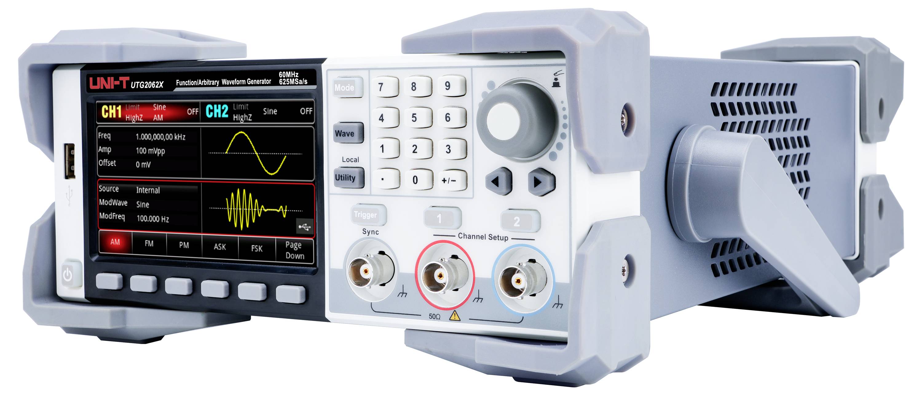Generator funkcyjny z kolorowym wyświetlaczem pokazuje grafiki przebiegów fali dla dwóch kanałów. Widoczne są elementy sterujące i gniazda przyłączeniowe.