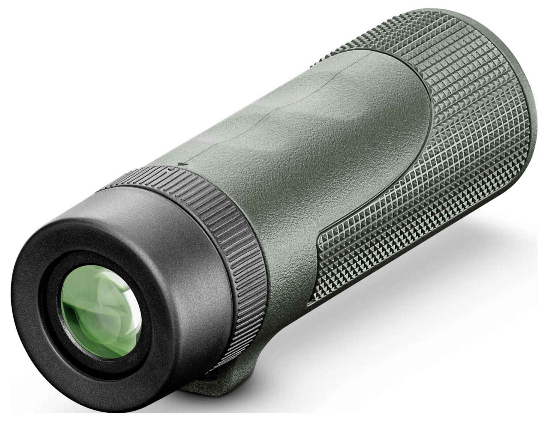 Monokular z zielonym obiektywem, kompaktowa ciemnoszara obudowa i teksturowany uchwyt dla lepszego chwytu.
