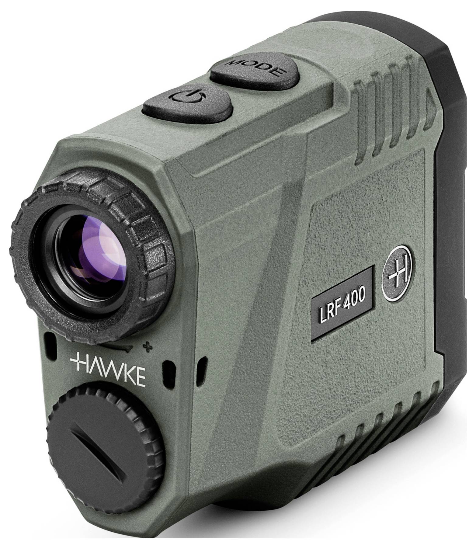 Zielony, przenośny sprzęt z soczewkami z przodu, przyciskami na górze i logo z boku, prawdopodobnie dalmierz.