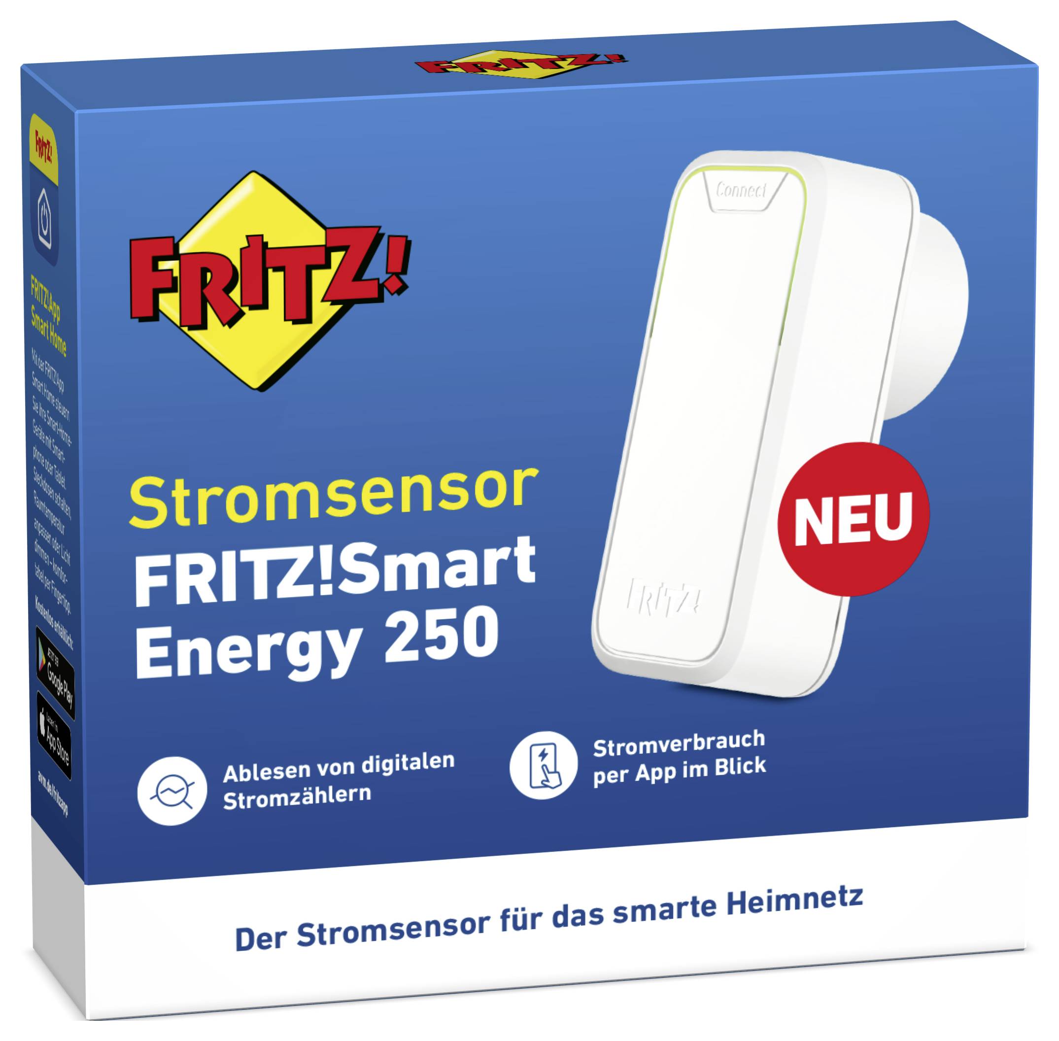 Opakowanie czujnika FRITZ!Smart Energy 250. Napis: 'Czujnik energii dla inteligentnej sieci domowej', 'Odczyt cyfrowych liczników prądu'.