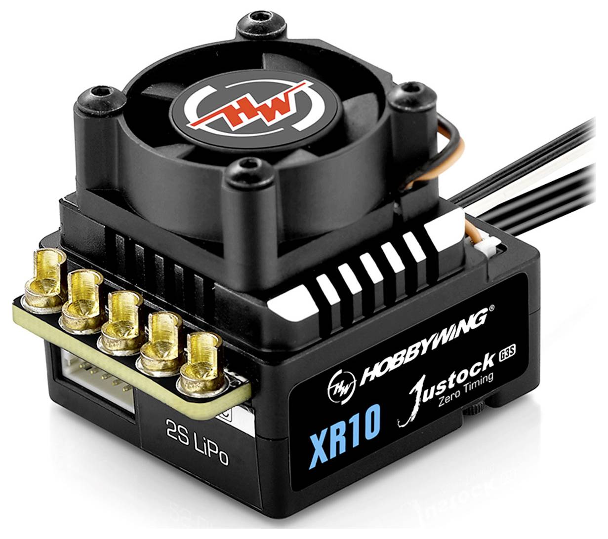 Elektroniczny regulator prędkości z adapterem wentylatora do pojazdów zdalnie sterowanych, oznaczony jako 'Hobbywing XR10 Justock'.