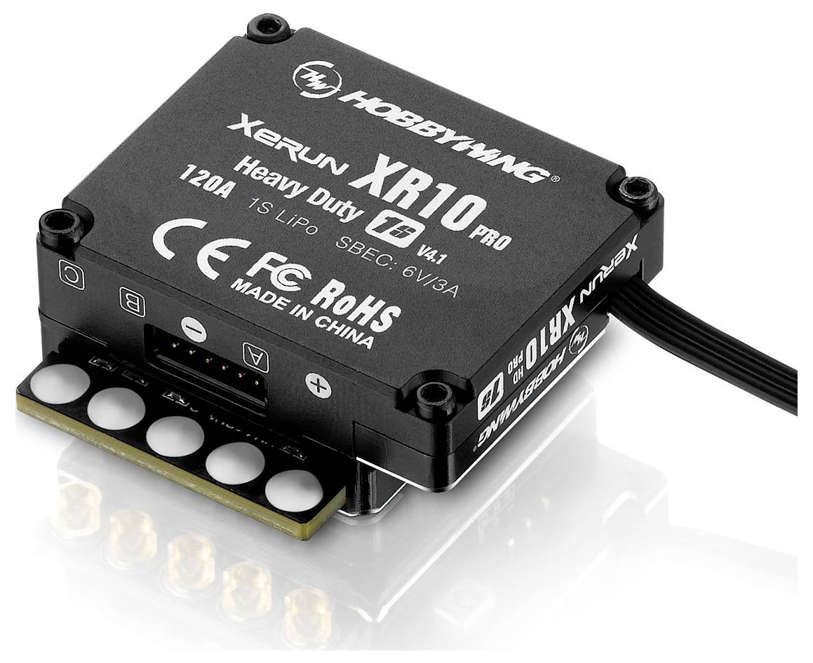 Elektroniczny regulator prędkości (ESC), 'Xerun XR10 Pro' firmy Hobbywing, w kolorze czarnym, z przewodem połączeniowym. Oznaczenia: 120A, przeznaczony do modeli zdalnie sterowanych.
